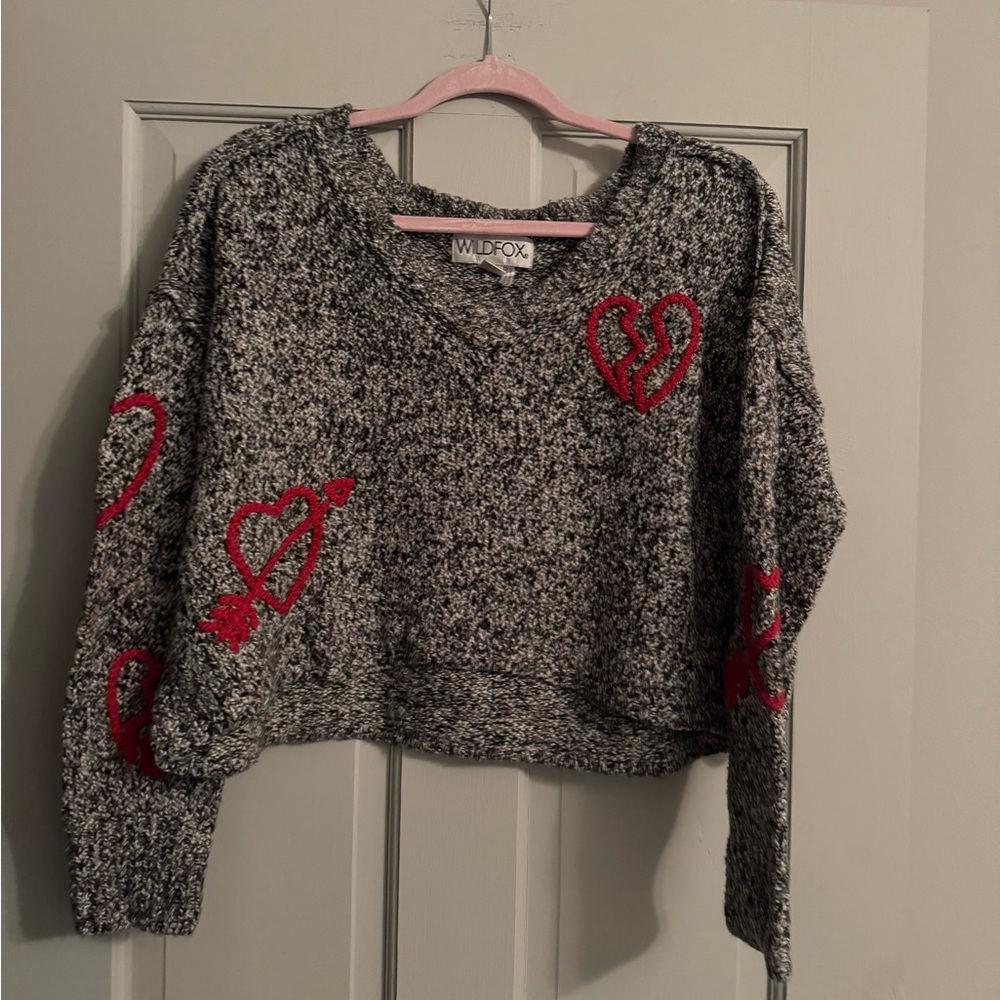Wildfox V-Neck Sweater in Gray and Red with Floral Design